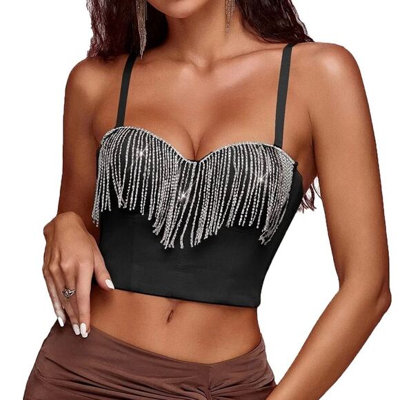 Unknown Tops - Rhinestone Fringe Cropped Corset Bustier Top